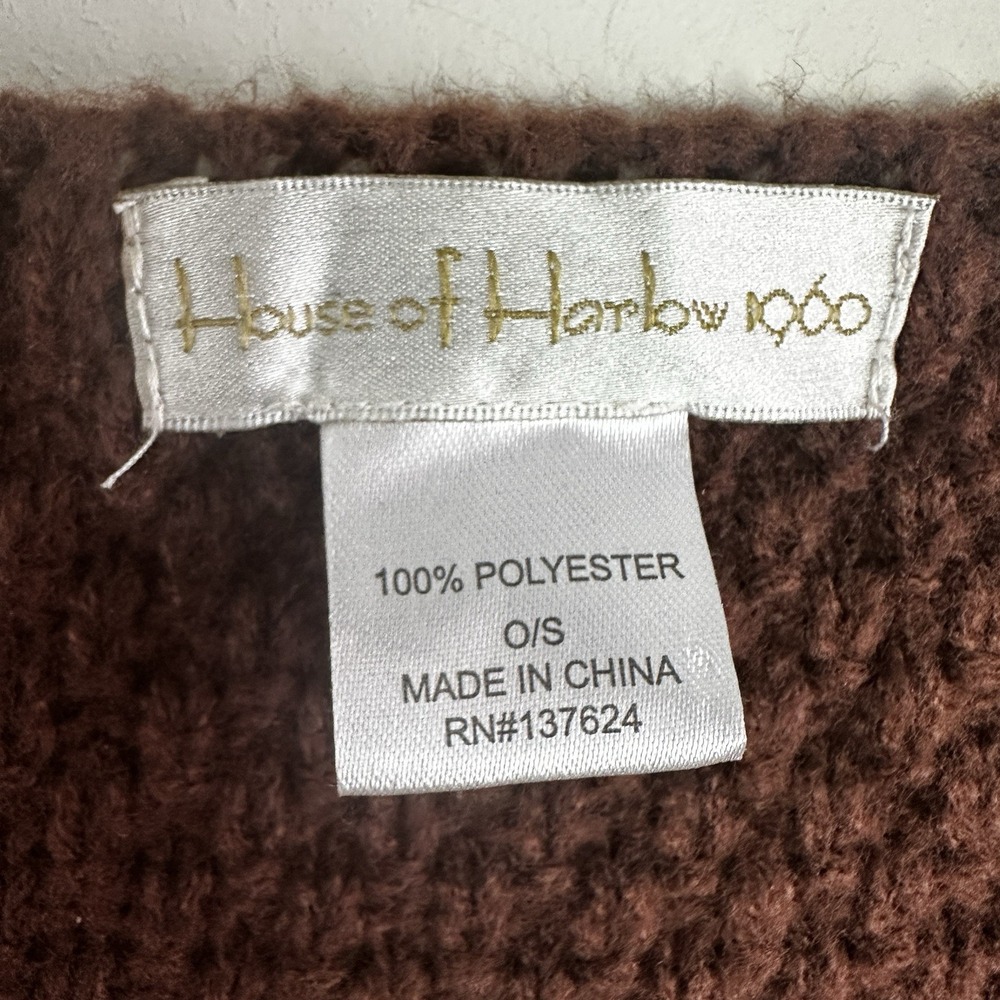 House of Harlow 1960 chocolate brown women knit fringe buckle wrap Shawl OS - Picture 2 of 6
